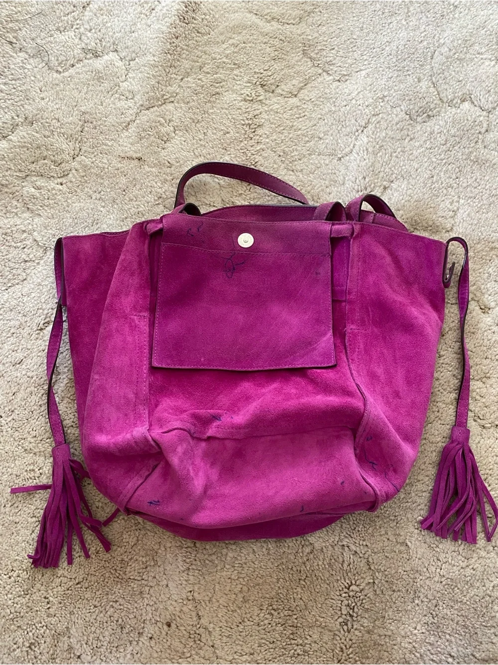Michael Kors Suede Tote in fuchsia with MK Charm